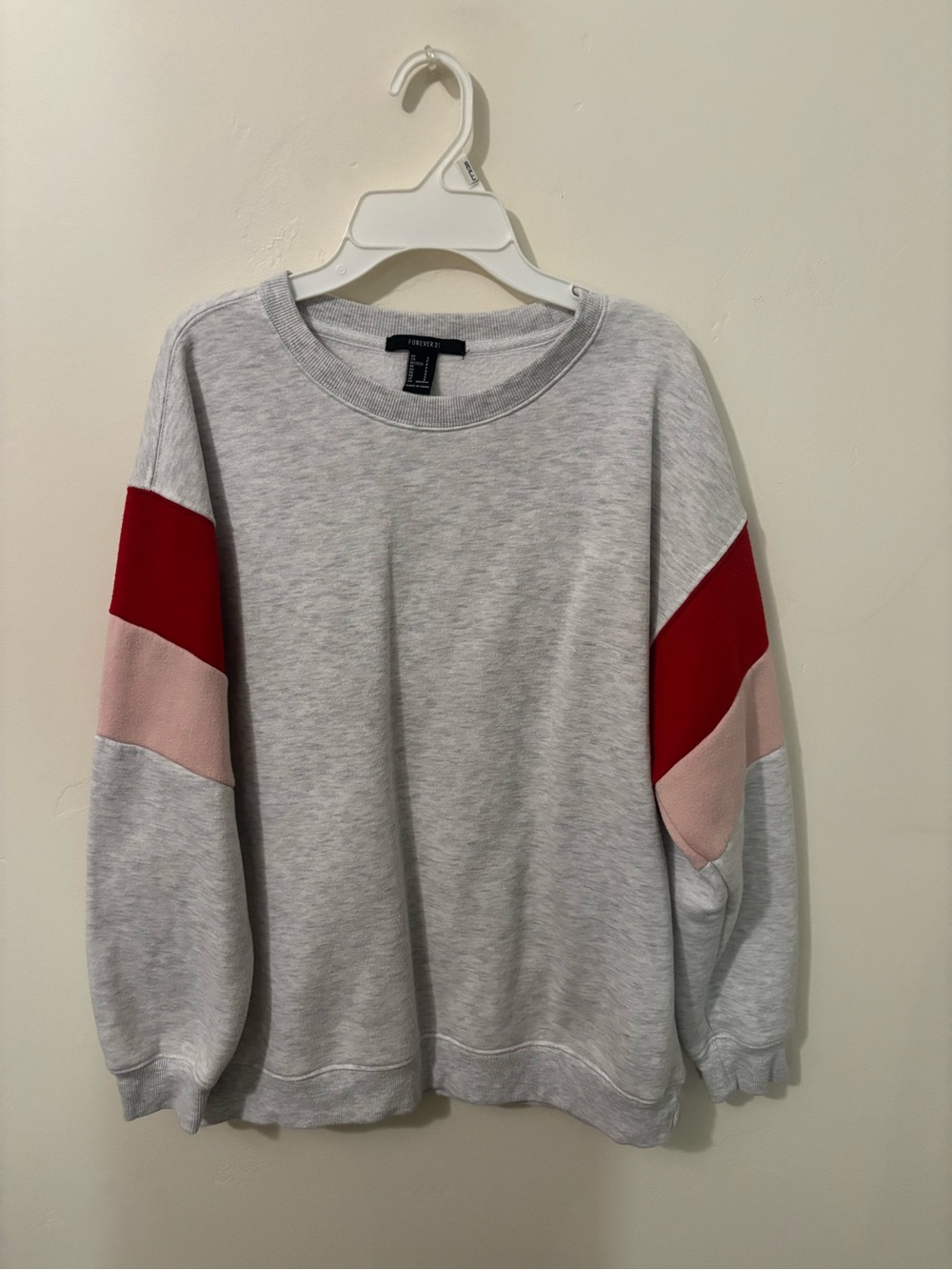 Forever 21 Light Gray Sweatshirt with Red and Pink Sleeve Stripes